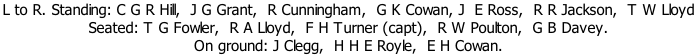 L to R. Standing: C G R Hill,  J G Grant,  R Cunningham,  G K Cowan, J  E Ross,  R R Jackson,  T W Lloyd  Seated: T G Fowler,  R A Lloyd,  F H Turner (capt),  R W Poulton,  G B Davey.  On ground: J Clegg,  H H E Royle,  E H Cowan.